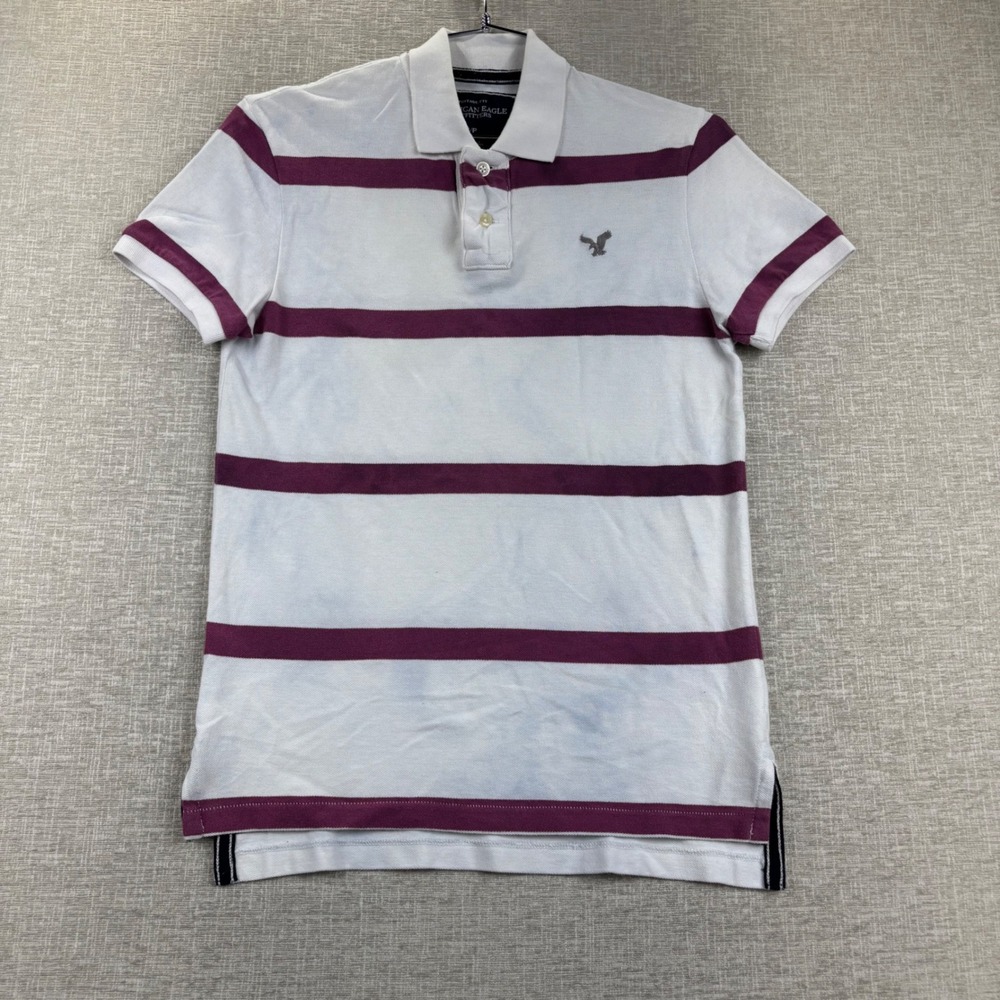 American Eagle Mens Small Vintage Fit Polo Shirt White Burgundy Striped Cotton